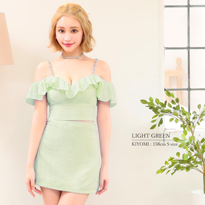 【取り寄せ商品】PURESS ピュアレス キャバドレス 高級 肩あき 胸元フリル バックリボン セットアップ パール キャミソール フレア ミニドレスの画像