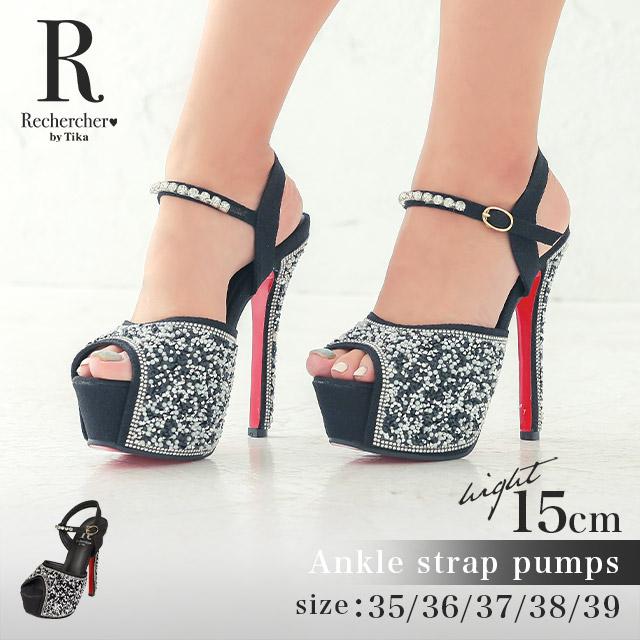 Tika Rechercher ルシェルシェ ラメ ビジュー オープントゥ ストラップ  