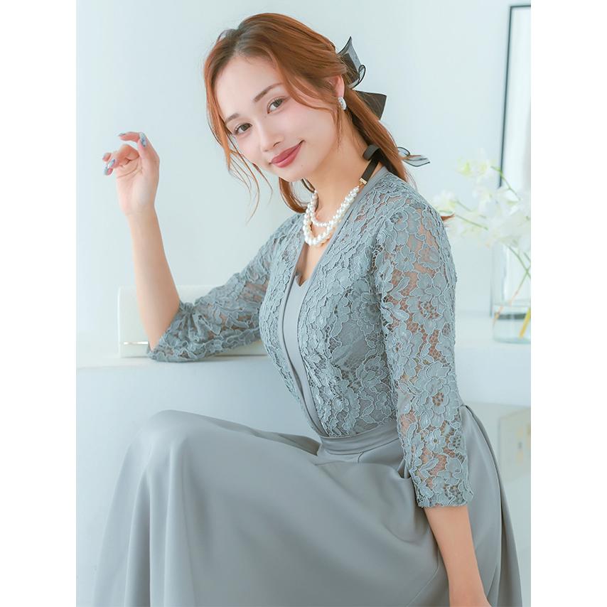 パーティードレス 結婚式 花柄レース 五分袖 ロング フレア ワンピース 二の腕カバー 上品 お呼ばれ XS〜4L 大きいサイズ 即日発送_5