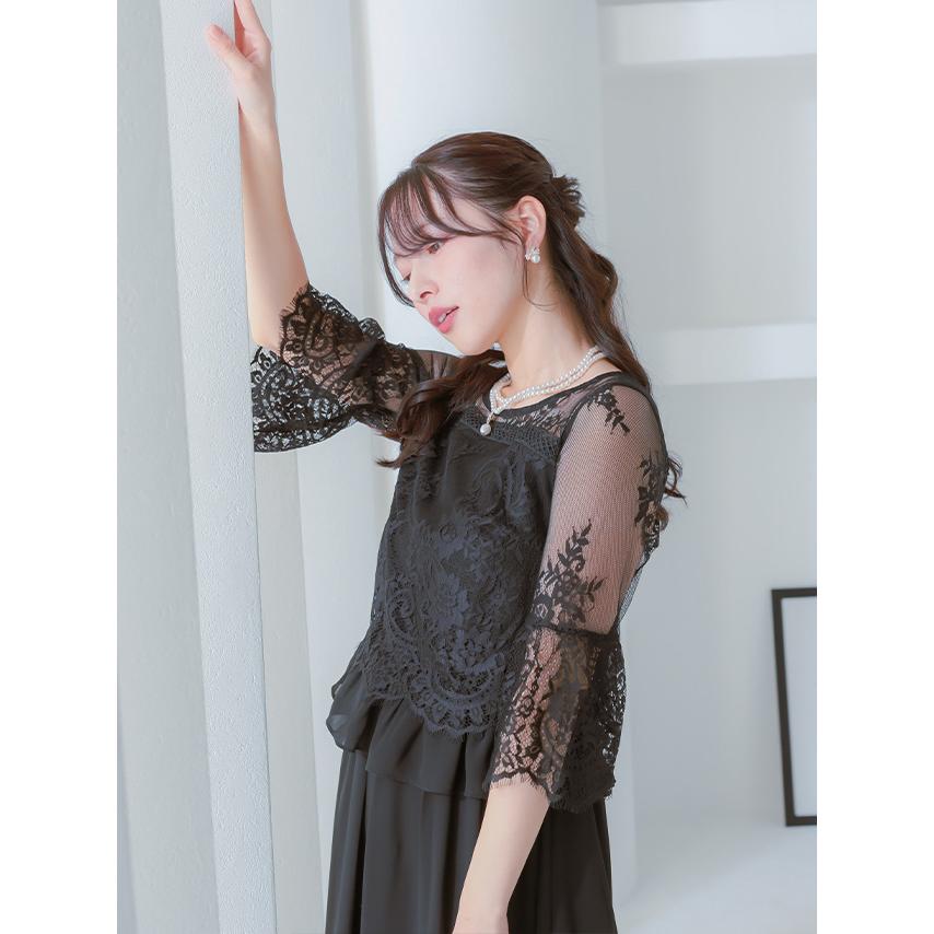 パーティードレス 結婚式 ドレス 20代 成人式 ペプラム風 総レーストップ シフォンロング ワンピース 女子会 二次会 大きいサイズ xi xxl 3L_16