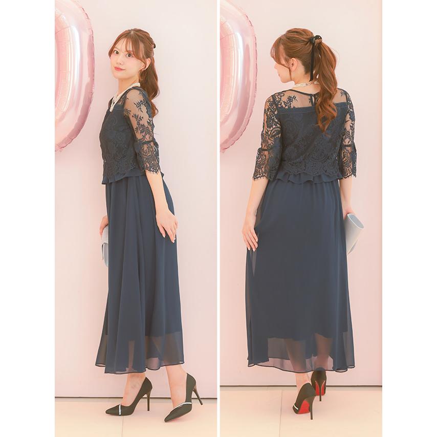 パーティードレス 結婚式 ドレス 20代 成人式 ペプラム風 総レーストップ シフォンロング ワンピース 女子会 二次会 大きいサイズ xi xxl 3L_8