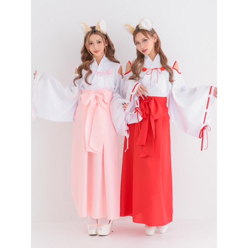 コスプレ 衣装 付け袖あり 和装 体型カバー 巫女 コスプレ 狐 袖あり 長袖 ロング丈 オープンショルダー リボン ツイン ガーリー アニマル 4点セット