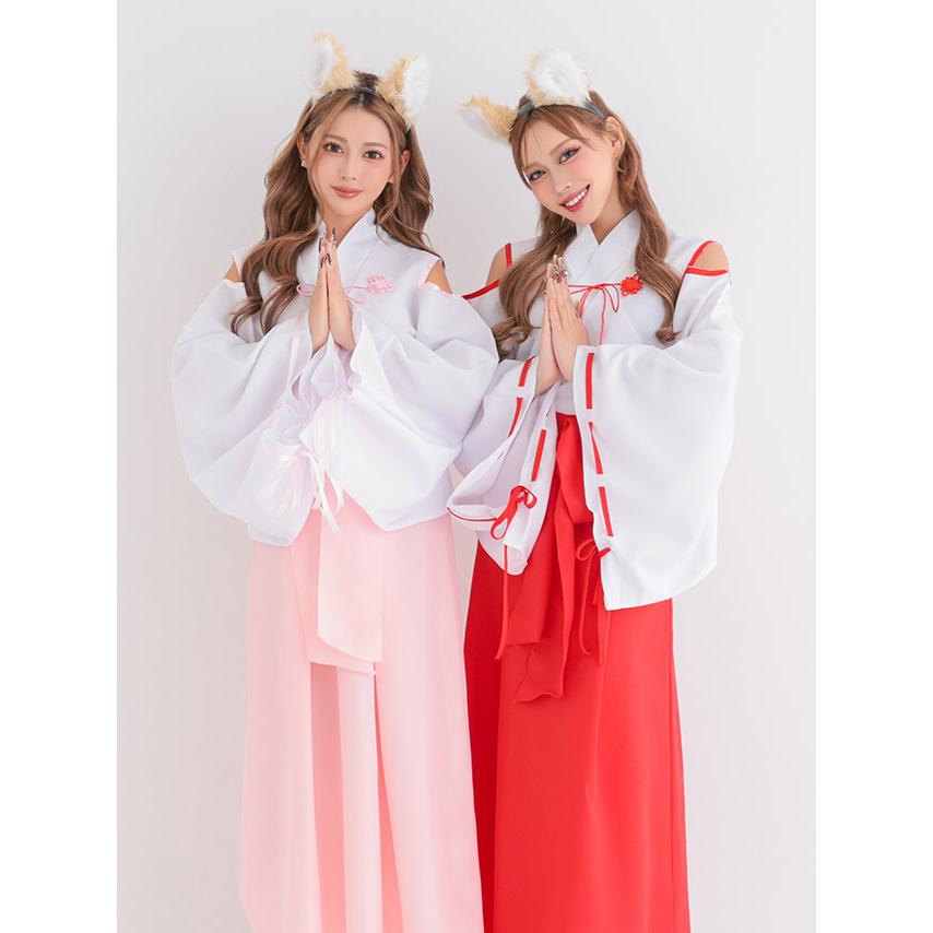 コスプレ 衣装 付け袖あり 和装 体型カバー 巫女 コスプレ 狐 袖あり 長袖 ロング丈 オープンショルダー リボン ツイン ガーリー アニマル 4点セット