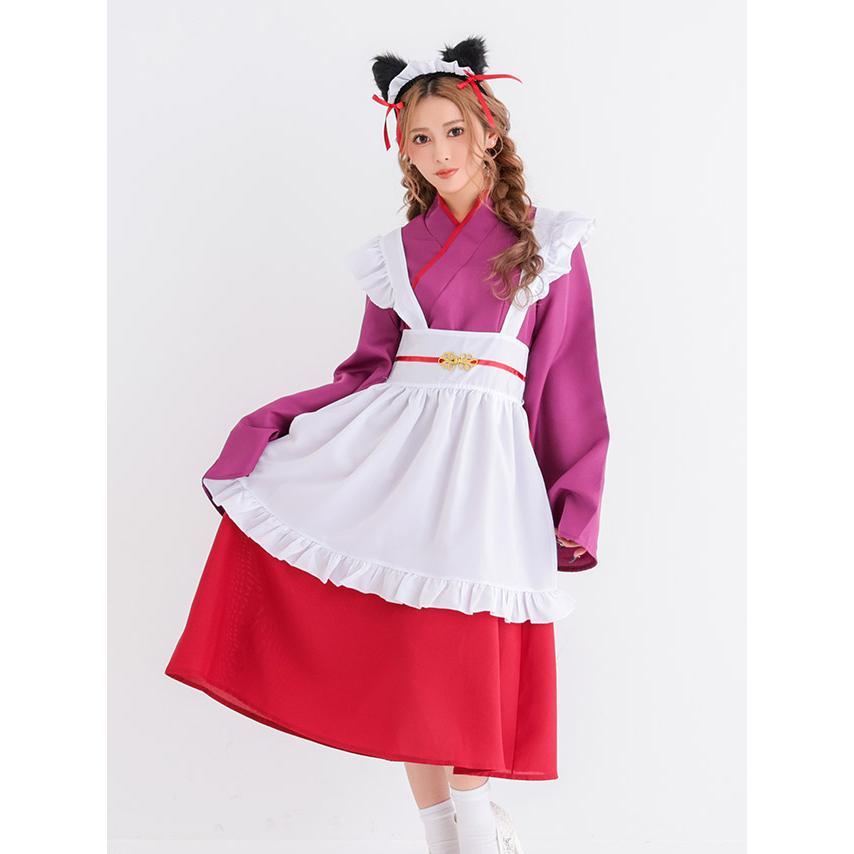 ハロウィン コスプレ 衣装 レディース 仮装 可愛い 猫 コスプレ メイド服 和風 袖あり 体型カバー ロング丈 アニマル ガーリー 3点セット コンカフェ_4