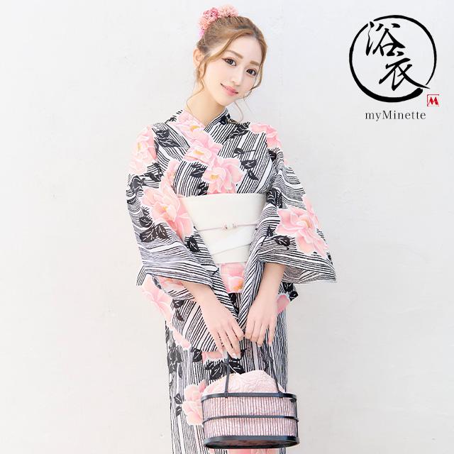 myMinette 浴衣 レディース 白地 ピンクフラワー ゆかた 2点