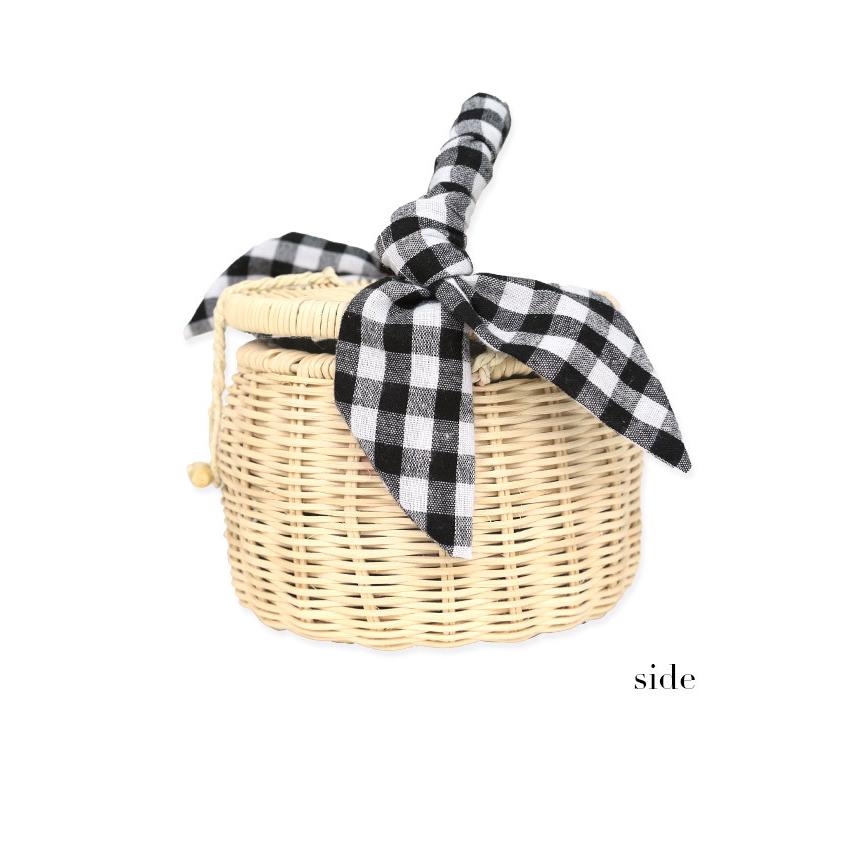 ♡２回のみ使用♡WOVEN チェック柄 かごバッグ 受注制作〜プラかごバッグ☆ブラックxホワイト 飾りレース風