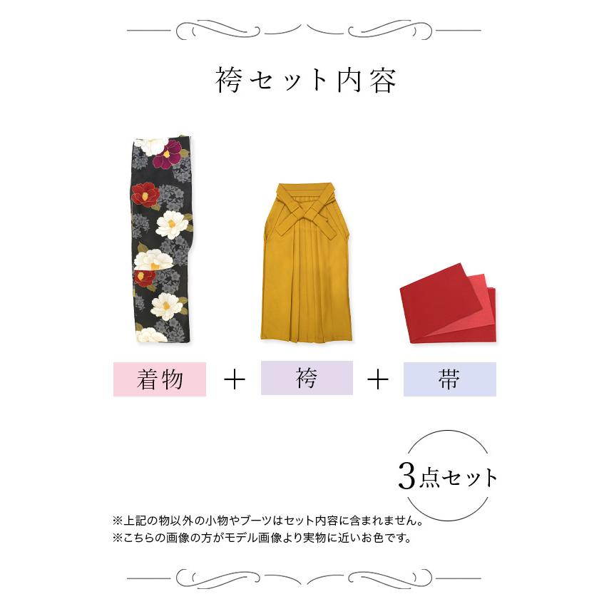 「取り寄せ商品」袴セット 卒業式 大学生 レディース 女性 着物 袴 二尺袖着物 袴下帯 振袖 椿 花柄 入学式 イエロー 小さいサイズ 大きいサイズの画像