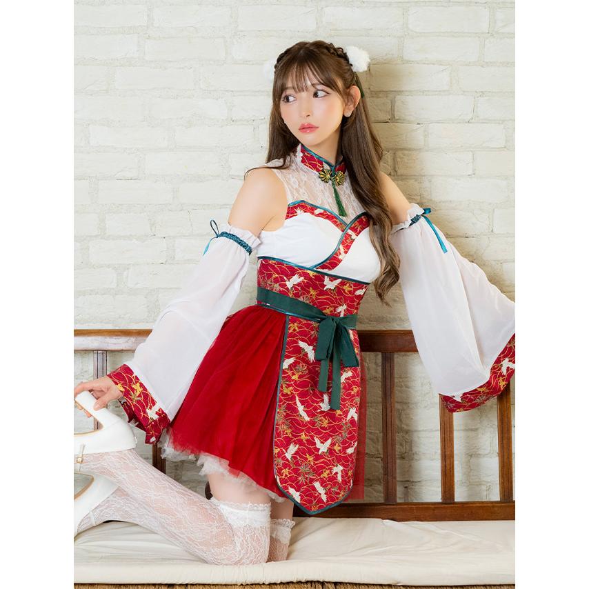 Tika コスプレ 衣装 付け袖あり フレアスカート 体型カバー 鶴柄