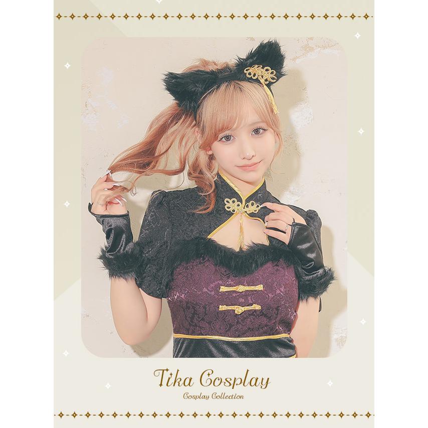 Tika サテンジャガードバストカットチャイナ猫アニマル [3点セット] Tika ハロウィン コスプレ 衣装 レディース 仮装 可愛い