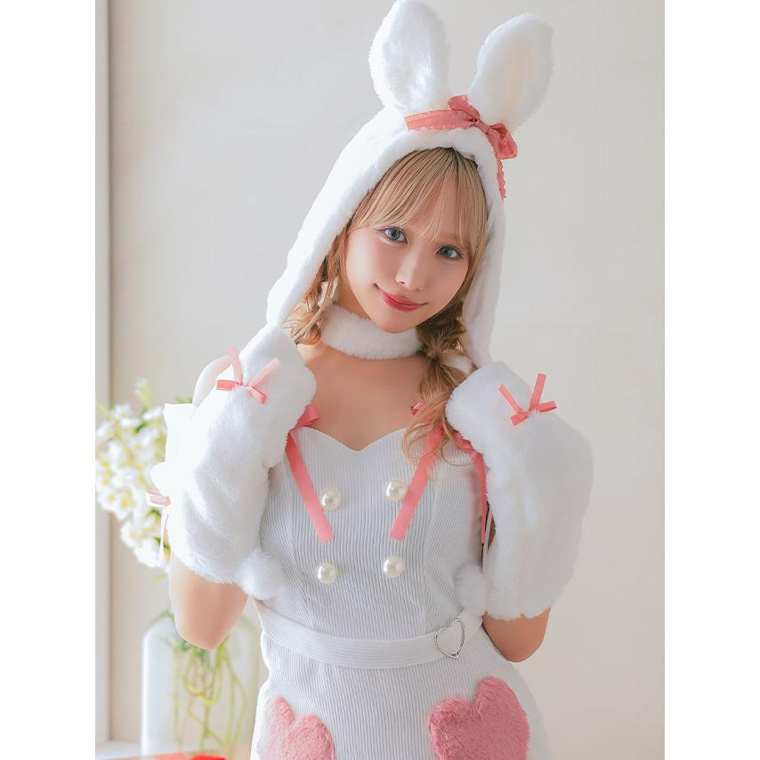 サンタコスプレ サンタコス 5点set ハート モチーフ もこもこガーリー リボン ラブリー ホワイト バニー アニマル サンタコスプレ
