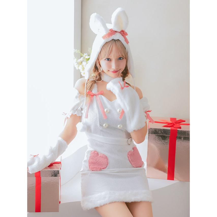 サンタコスプレ サンタコス 5点set ハート モチーフ もこもこガーリー リボン ラブリー ホワイト バニー アニマル サンタコスプレ