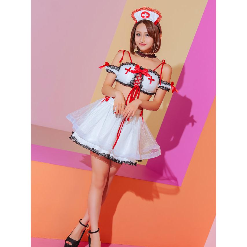 ナース服 コスプレ へそ出し レースアップ トップス×フレア スカート ペアセクシーナース 4点セット