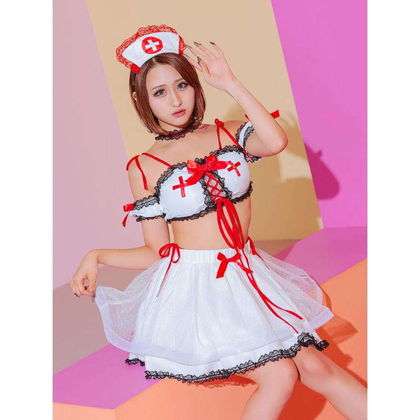 ナース服 コスプレ へそ出し レースアップ トップス×フレア スカート ペアセクシーナース 4点セット