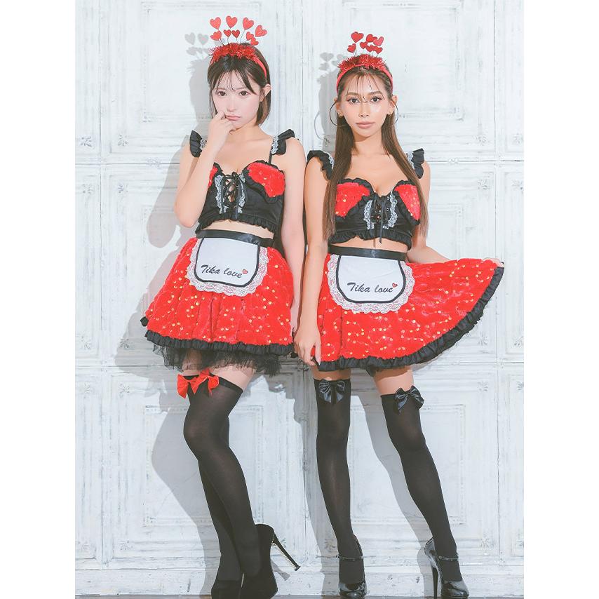 ハロウィンコスプレ メイド服 レディース 大人 スパンコール付き ふわもこ へそ出し フレアスカート ペア セクシー メイド 4点セット