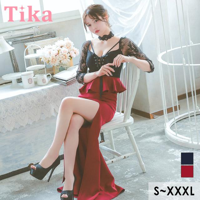 Tika キャバ ドレス チョーカー付き レース 袖あり 七分袖