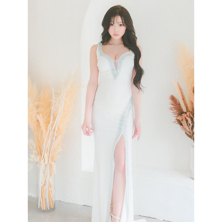 tika ドレス 新品シルバー スリーブレス ロングドレス Mサイズ Tika（ティカ） キャバドレス ロング ノースリーブ ビジュー バスト