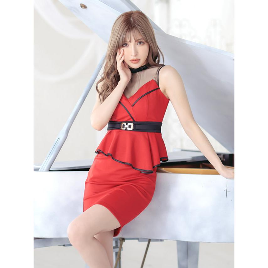 Tika キャバ ドレス ミニ シースルー ペプラム 膝丈 ハイネック Tika キャバ ドレス ミニ シースルー ペプラム 膝丈 ハイネック