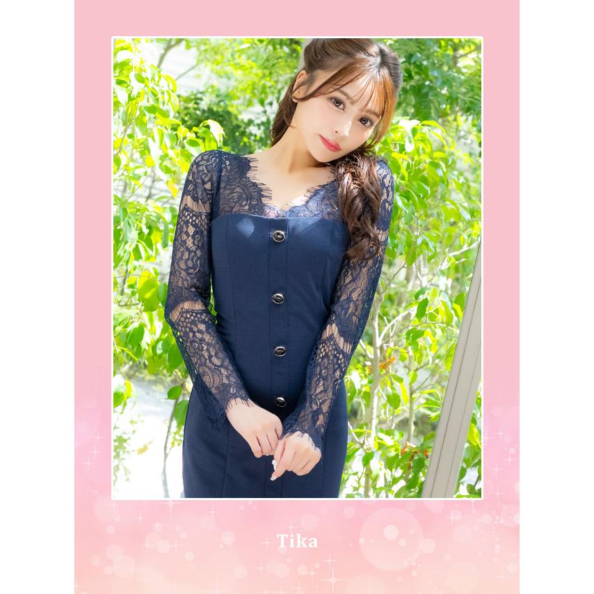 Tika キャバドレス 長袖 スカラップ レース切り替え フロント Tika キャバドレス 長袖 スカラップ レース切り替え フロント