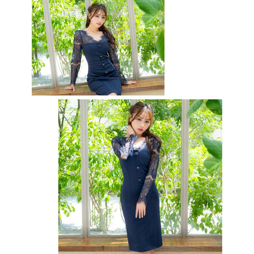 TIKA　レース切替タイトスリット長袖膝丈ドレス ティカ Tika キャバドレス 長袖スカラップレース切り替え