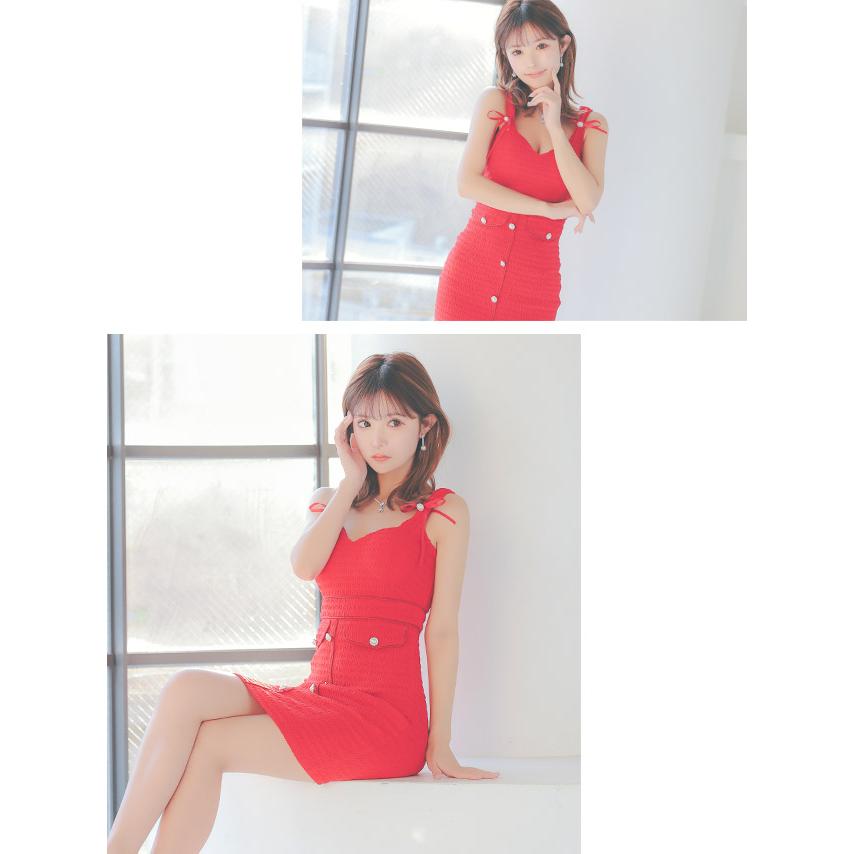 キャバ ドレス ノースリーブ リボン ワッフル パールボタン ストレッチ タイト ミニドレス xl_5