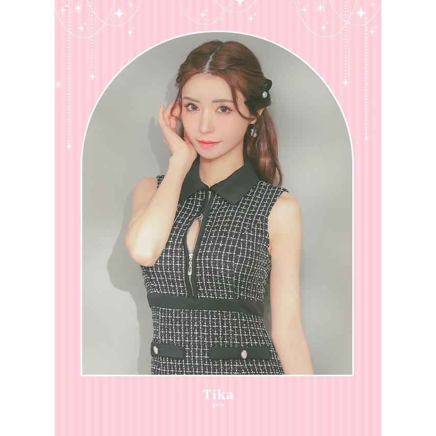 Tika キャバドレス ツイード チェック柄 タイト ジップ 襟 ミニ Tika キャバドレス ツイード チェック柄 タイト ジップ 襟 ミニ