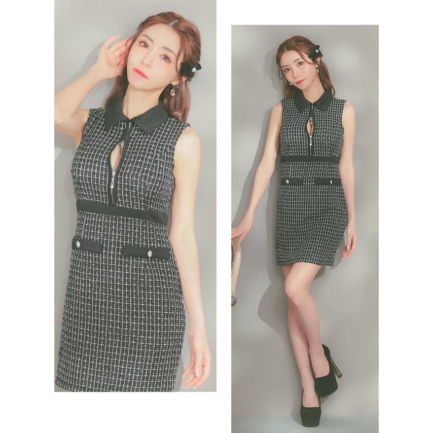 Tika キャバドレス ツイード チェック柄 タイト ジップ 襟 ミニ Tika キャバドレス ツイード チェック柄 タイト ジップ 襟 ミニ