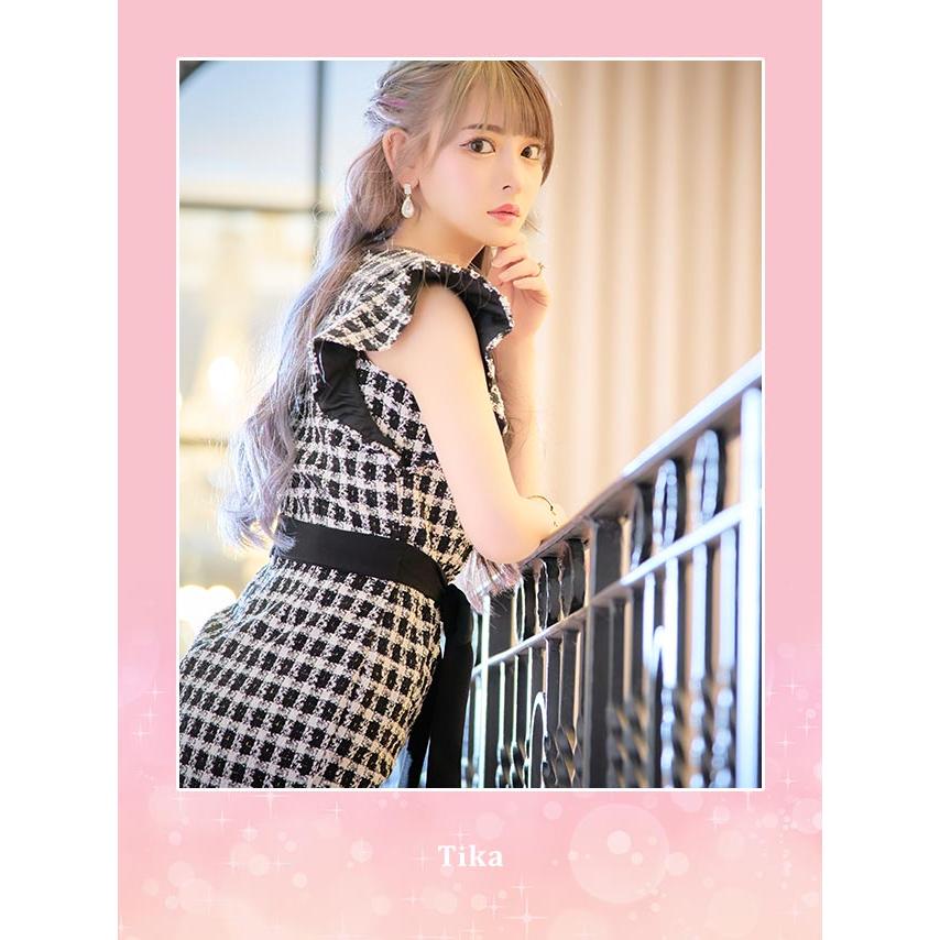 Tika キャバドレス ミニ クロスネック フリル チェック柄 Tika キャバドレス ミニ クロスネック フリル チェック柄