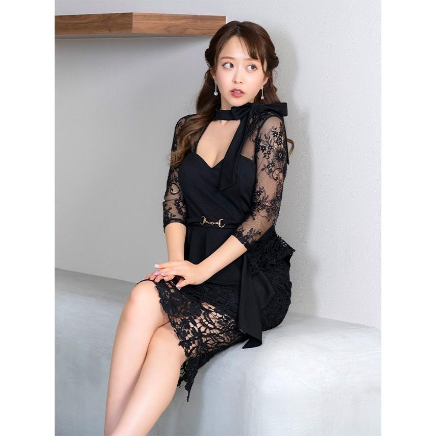 Tika キャバドレス 膝丈 ペプラム タイト ミニドレス レース 五