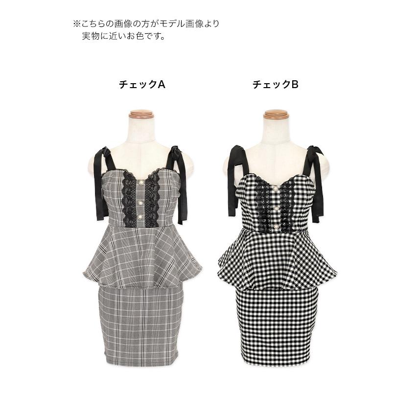 キャバドレス 大きいサイズ XXL XXXL キャミソールサテン リボンレーステープ チェック柄 ペプラム タイトミニドレス | Tika | 14
