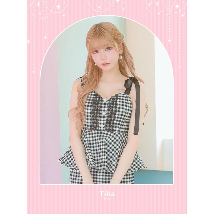 キャバドレス 大きいサイズ XXL XXXL キャミソールサテン リボンレーステープ チェック柄 ペプラム タイトミニドレス | Tika | 09