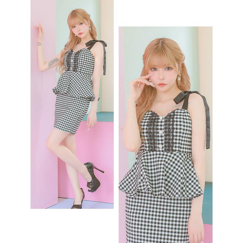 キャバドレス 大きいサイズ XXL XXXL キャミソールサテン リボンレーステープ チェック柄 ペプラム タイトミニドレス | Tika | 10