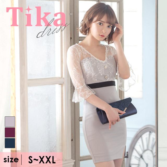 Tika キャバ ドレス キャバドレス 袖あり ミニ タイト フラワー レース 