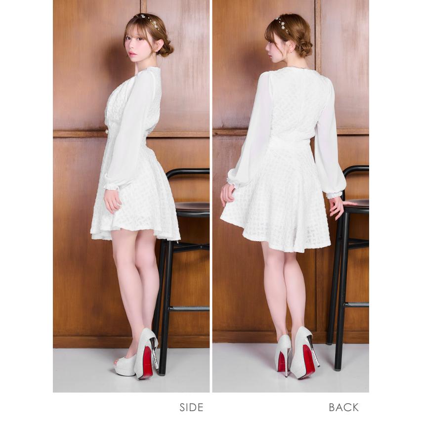 キャバ ドレス 膝丈 大人 セクシー ワンピース フレアスカート Aライン 長袖 レース シースルー 二の腕カバー V字カット ボタン ブラック ホワイト S/M/Lの画像