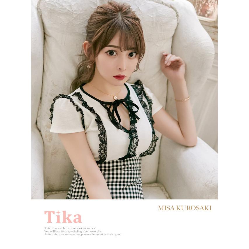 tika チェックレースAラインドレス フリル×レースギンガムチェックAラインフレアミニドレス 韓国