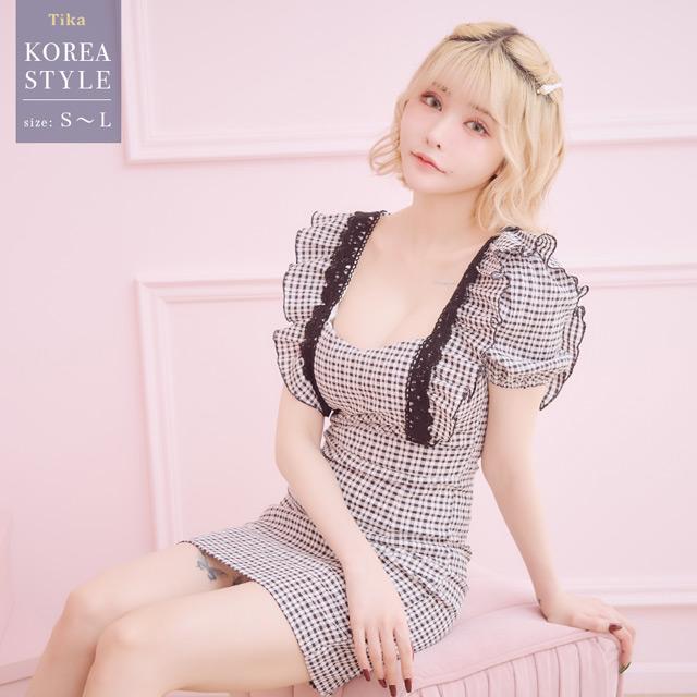 TikaPimil] 韓国 キャバドレス レース フリル 半袖 タイト 膝丈  