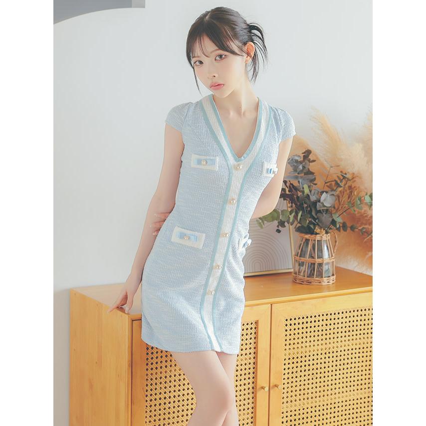 【韓国ドレス】Tika ツイードミニドレス シアースリーブ×裾フリルツイードタイトミニドレス 韓国ドレス