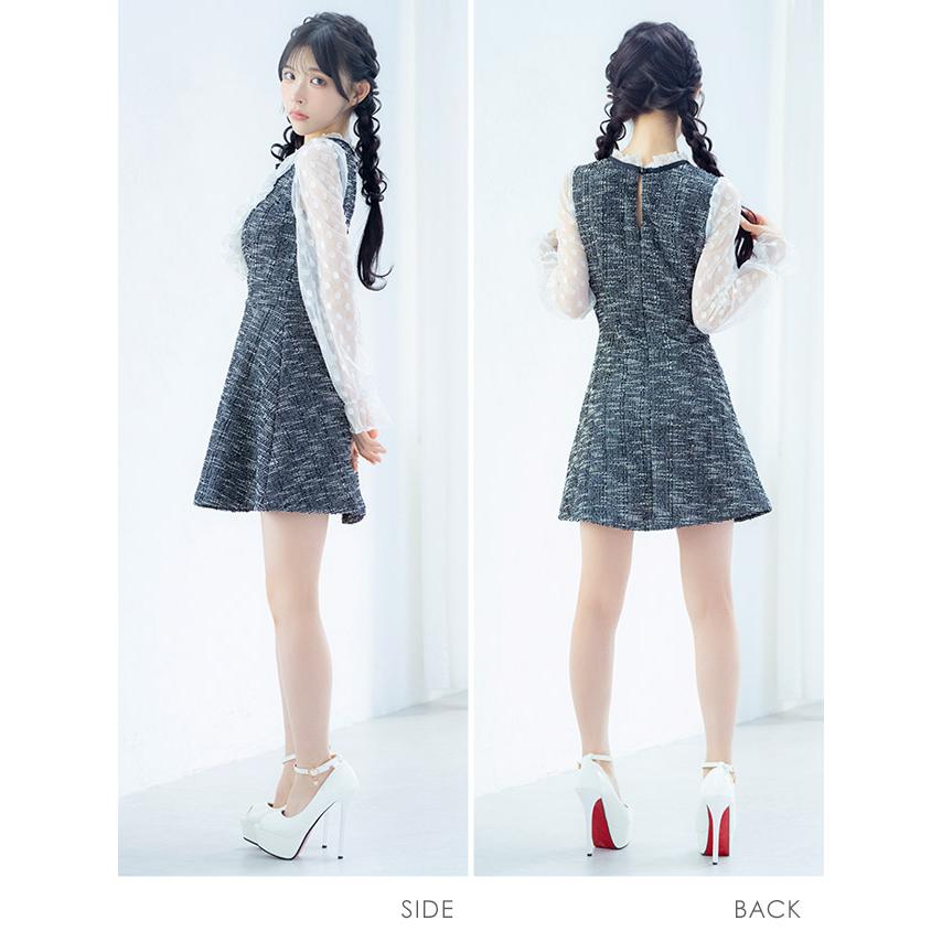 韓国 ファッション レディース キャバ ドレス ミニ フレア aライン レース 五分袖 膝丈 ミニワンピ ガーリー 大きいサイズ 白 黒 キャバ嬢の画像