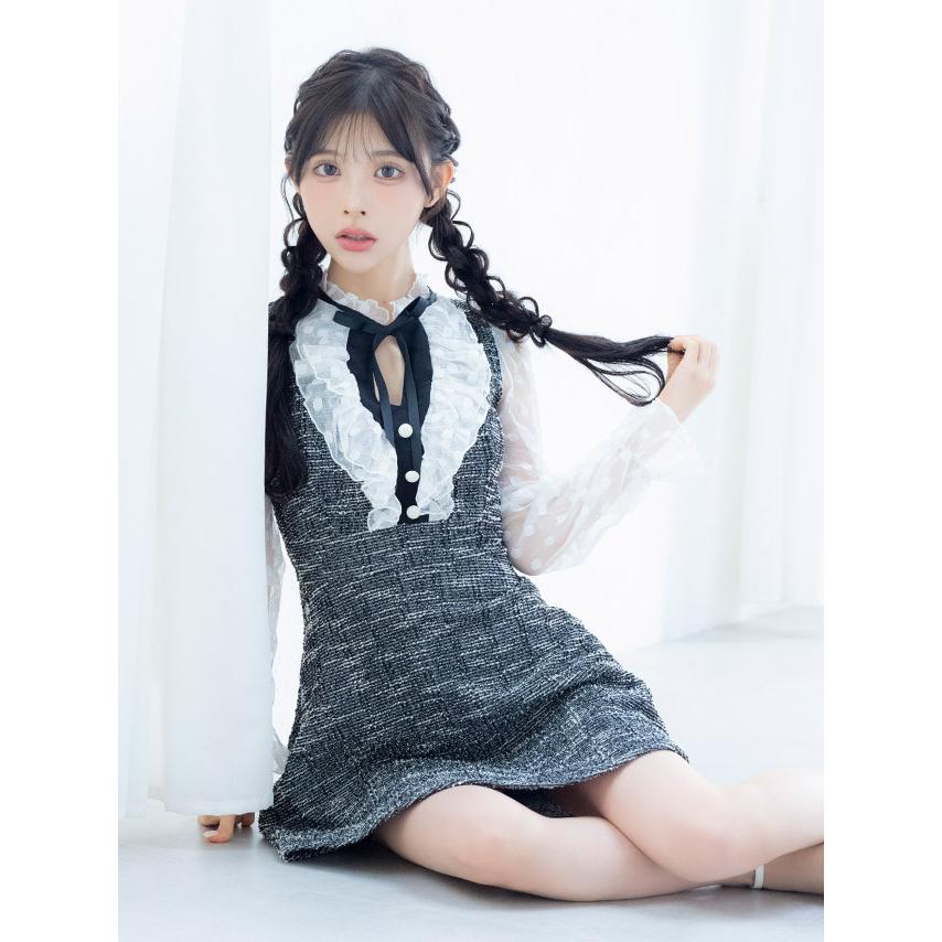 韓国 ファッション レディース キャバ ドレス ミニ フレア aライン レース 五分袖 膝丈 ミニワンピ ガーリー 大きいサイズ 白 黒 キャバ嬢の画像