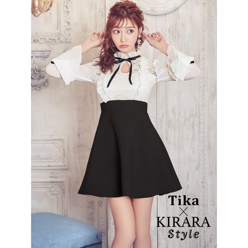 キャバ ドレス キャバドレス 韓国 大きいサイズ 袖あり 長袖 膝丈 モノトーン レース 胸あき リボン フレア ミニドレス Tk Mdkj 072 ドレスショップ Tika 通販 Yahoo ショッピング