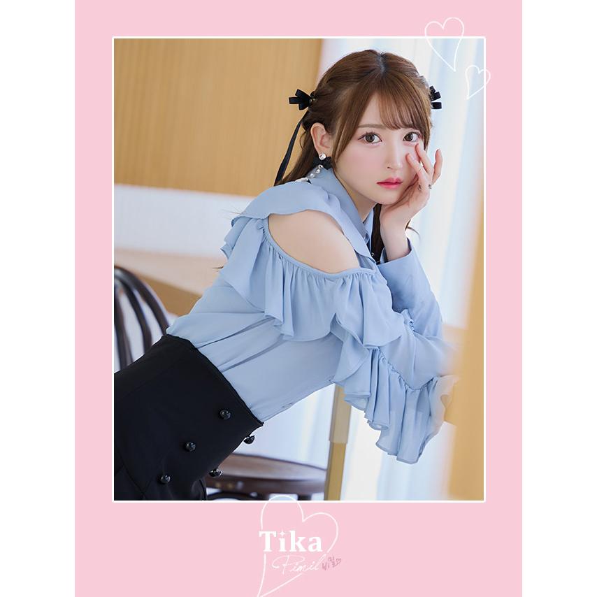 Tika [TikaPimil] キャバドレス 韓国 ネックリボン タイ付き 肩