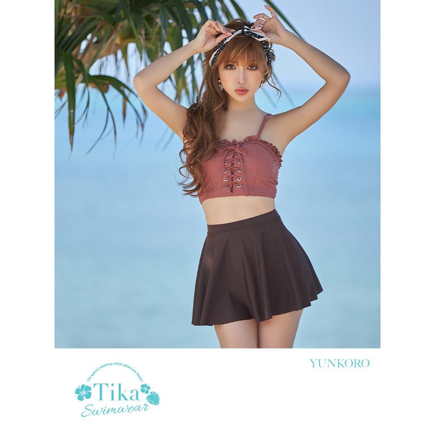 体型カバー 水着 フリル ビスチェ風 スイムウェア 茶色 ブラウン 韓国 TeddyShop（テディショップ） ビスチェ ビキニ 水着 レディース 体型