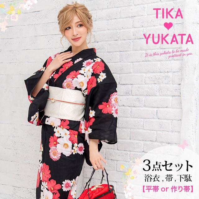 浴衣 レディース 3点セット 浴衣 平帯or作り帯 下駄 黒 白 ピンク 赤 花柄 黒地 花 Tk Yk 9nc ドレスショップ Tika 通販 Yahoo ショッピング