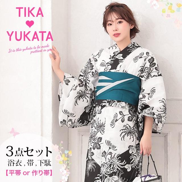 浴衣 ゆかた レディース 洗える 洗濯 レトロ 白 菊 白黒 モノトーン
