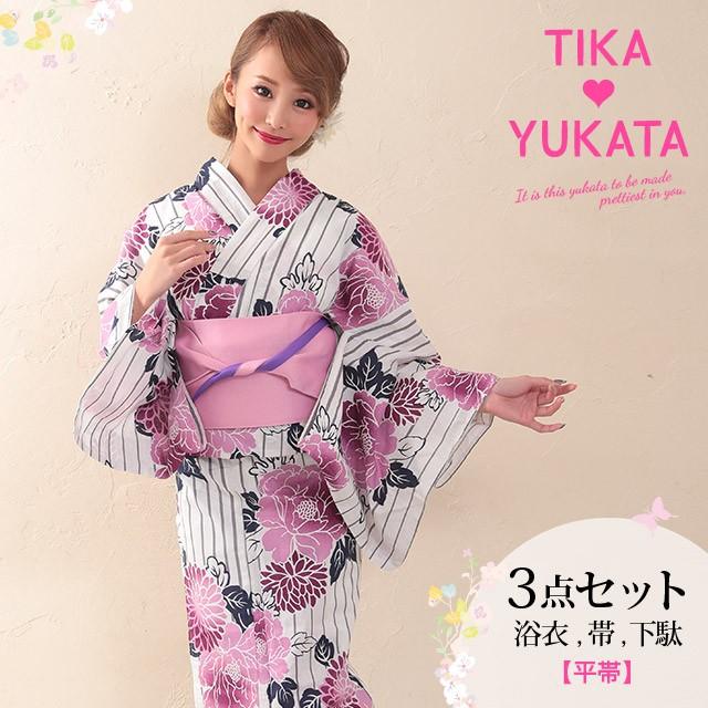 浴衣 ゆかた レディース 洗濯 涼しい レトロ モダン フェミニン ピンク 可愛い 安い Tika ティカ ストライプ牡丹 浴衣3点セット 帯 下駄 ストライプ地 牡丹 Tk Yk1969 Fg10 ドレスショップ Tika 通販 Yahoo ショッピング