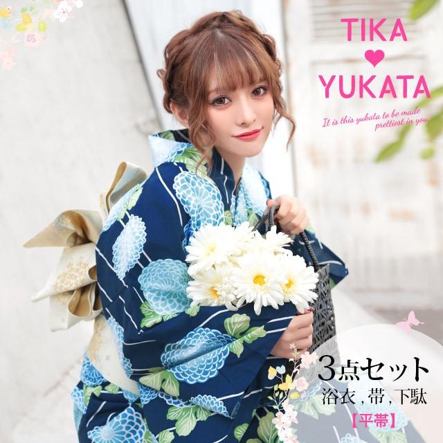 浴衣 レディース 3点セット 浴衣 平帯 下駄 レトロ 紺地 流水 菊 ネイビー 花柄 Tk Yk158 Fa074 ドレスショップ Tika 通販 Yahoo ショッピング