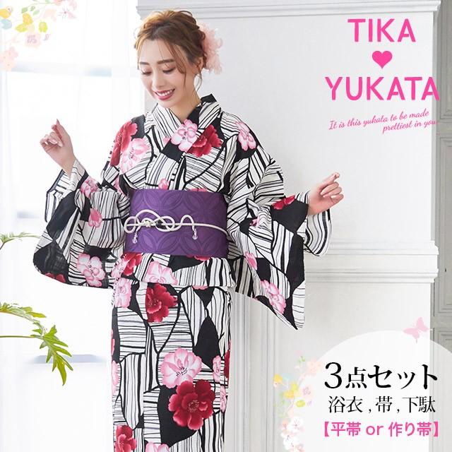 浴衣 レディース 3点セット 浴衣 平帯or作り帯 下駄 レトロ 幾何学縞 牡丹 ゆかた Tk Yk158 Oat177 ドレスショップ Tika 通販 Yahoo ショッピング