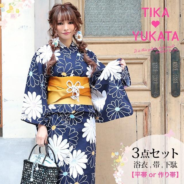 浴衣 レディース 3点セット 浴衣 平帯or作り帯 下駄 レトロ 紺地 マーガレット Tk Yk79 7fsh113 ドレスショップ Tika 通販 Yahoo ショッピング