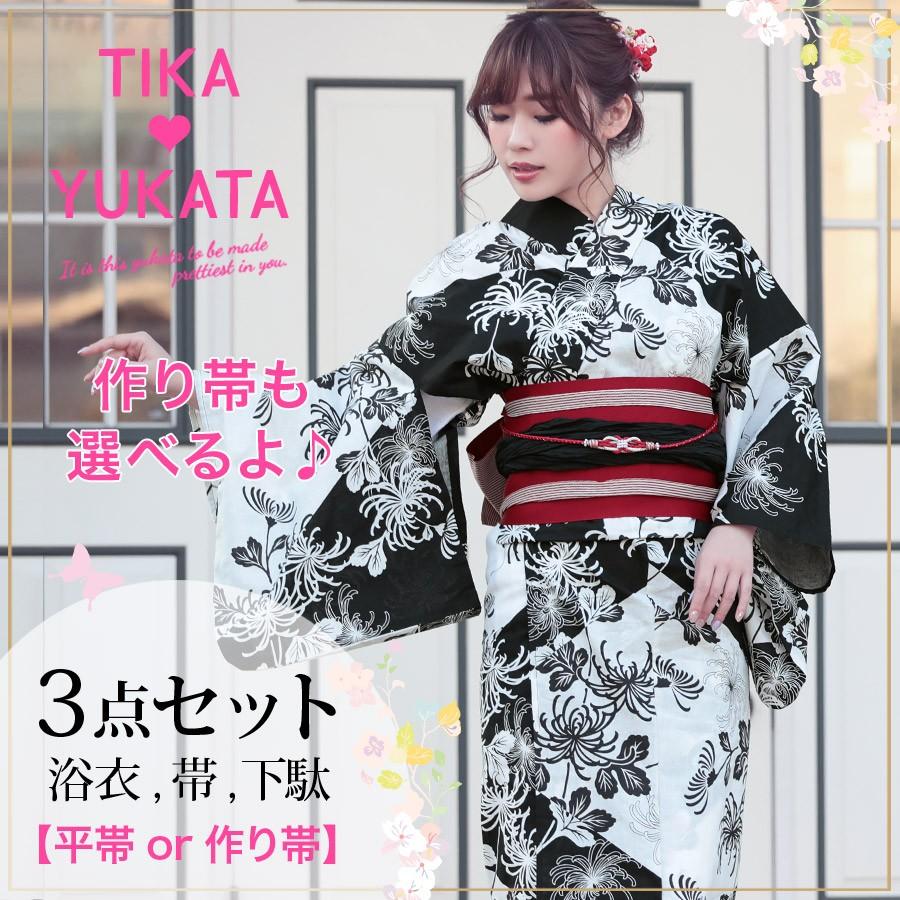 浴衣 レディース 代 30代 40代 浴衣セット 安い セット 可愛い浴衣 菊柄 3点セット 平帯 作り帯 下駄 白 黒 女性用浴衣 レディース浴衣 Tk Yk598fsg10 Tika ヤフーショッピング店 通販 Yahoo ショッピング