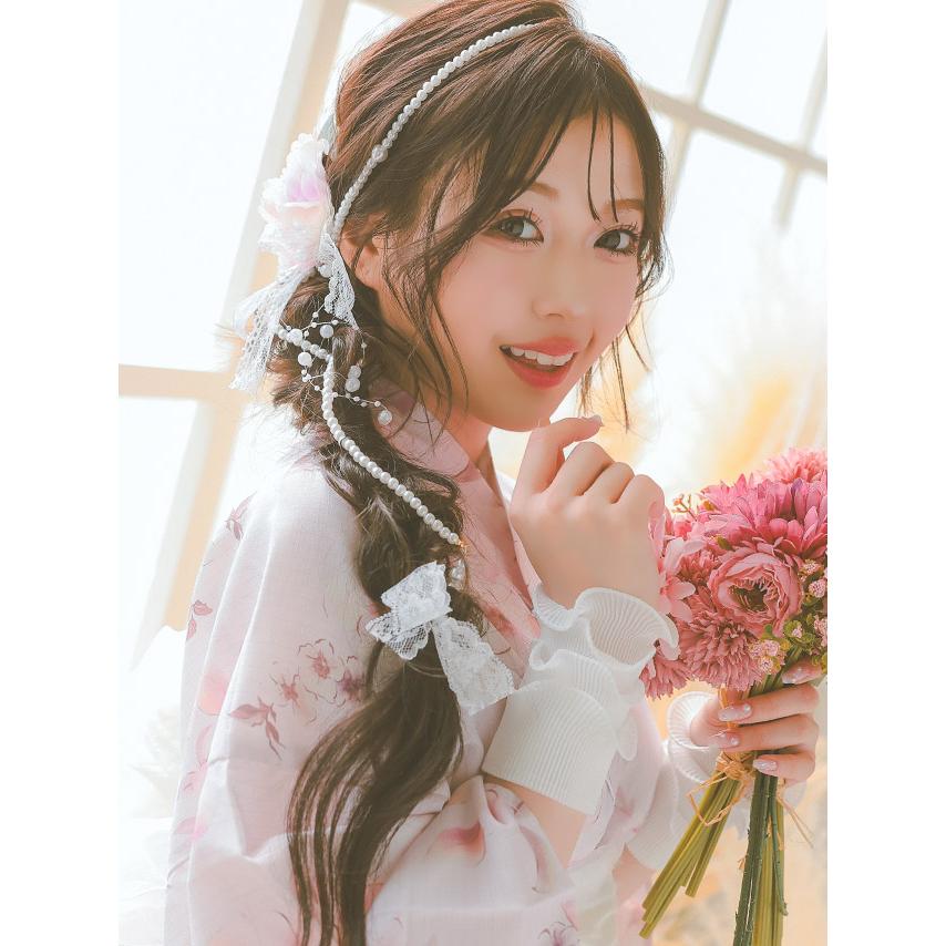 Sugar ニュアンスピンク水彩朝顔浴衣、着付け、レースセット、パール飾り紐 ニュアンスピンク水彩朝顔浴衣 【浴衣3点セット 浴衣/帯/下駄