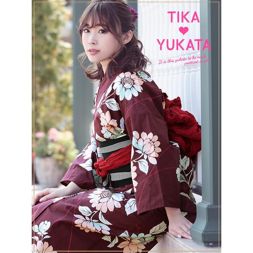 TIKA 浴衣・帯セット 黒×ピンク Tika 浴衣 レディース 50代 フリーサイズ セット 20代 40代 花柄